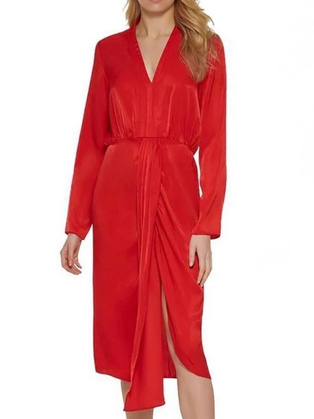 DKNY 16 scarlet red satin dress plunging V-neck gathered detailing at the waist